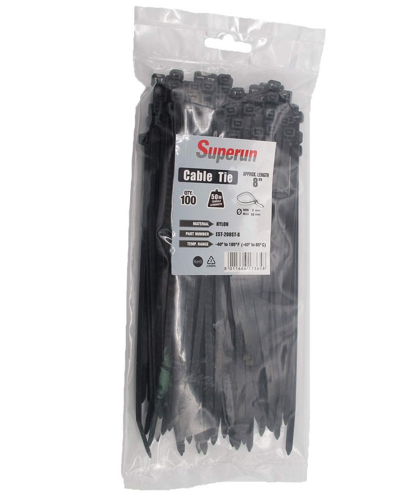 Superun Heavy Duty Zip Ties 8 Inch, 50 Lbs Tensile Strength Selflocking Wire Ties (Industrial Grade Cable Ties) Pack of 100 Black - Image 1